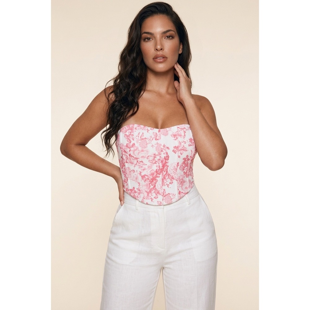 Pink Floral Corset Tube Top Strapless‎ Pointed Hem Bodice Small